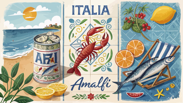 A collection of italian themed images featuring seafood, fruits, and beachside elements together nicely