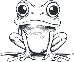 Black and white detailed illustration of a frog with big eyes sitting facing forward