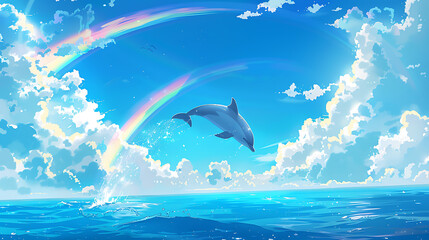 Fototapeta premium Dolphin Leaping Through a Rainbow over the Ocean