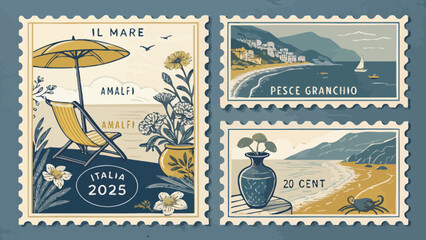 Collection of vintage style postage stamps featuring coastal scenes and italian themes and destinations