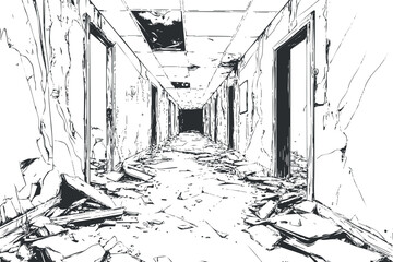 Fototapeta premium Black and white sketch of an abandoned, dilapidated hallway with broken ceiling and debris on floor