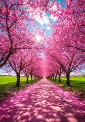 Enchanting spring pathway through blooming cherry trees: a vibrant display of floral beauty with an azure sky creating a picturesque botanical landscape