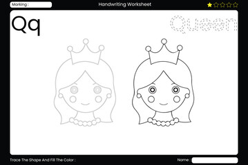 Trace Letter Q. Royal Queen Coloring Page for Kids. Printable Vocabulary Builder. Educational Vector Worksheet