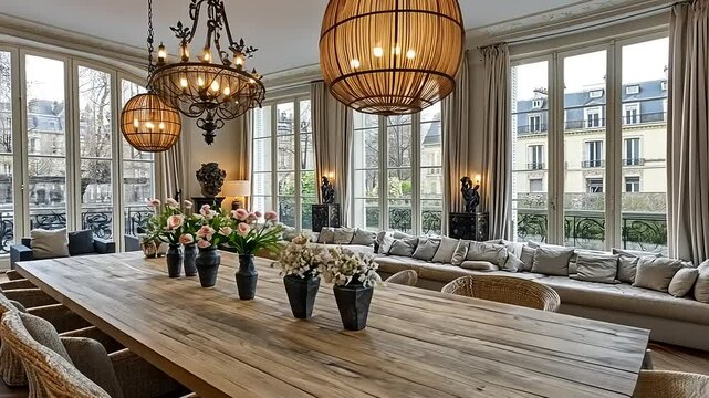 Luxurious Parisian dining room with large windows