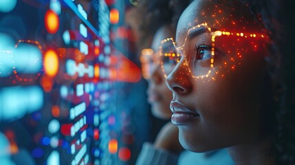 Naklejka premium Focused Female Programmer Analyzing Complex Digital Data Code on a Large Futuristic Screen in a Cyberpunk Technology Environment