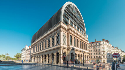 Hyperlapse of Lyon's opera house featuring neoclassical architecture combined with a modern glass...