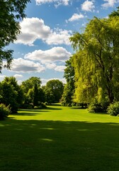 Serene daytime panorama unveiling lush greenery, puffy clouds, and sun-drenched parkland scenery providing a peaceful escape under clear skies creating a tranquil atmosphere