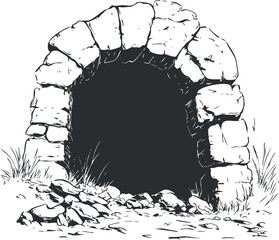 Black and white illustration of a stone cave entrance with rocky arch and grass around the opening