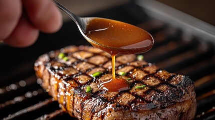 Demi glace sauce being poured over perfectly cooked steak with grill marks, showing thick mahogany sauce cascading onto premium beef in elegant restaurant serving