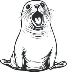 Black and white illustration of a happy and expressive seal with whiskers and open mouth
