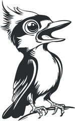 Black and white cartoon illustration of a cute bird with large eyes perched on a branch.