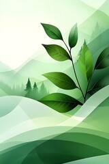 Lush green leaves against misty mountains