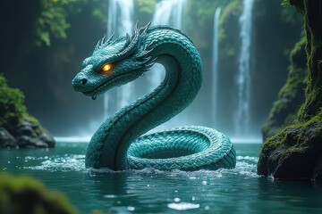 Naklejka premium Discover the Ethereal Naga: Ultra-Detailed 8K Fantasy Realism of a Mythical Serpent Coiling Around a Sacred Waterfall