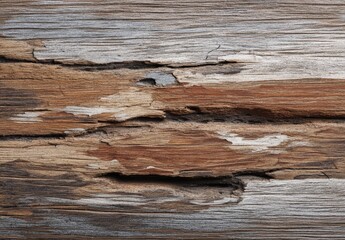 Close-up of weathered, textured wooden surface with natural grain patterns in brown and gray hues.