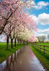 Obraz premium Serene spring pathway adorned with blossoming trees, reflecting the vibrant sky after a gentle rain showers nature's vibrant hues