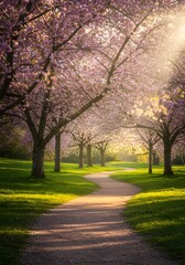 Fototapeta premium A Serene Pathway Embraced by Blossoming Trees Bathed in Golden Sunlight, A Springtime Tranquility Scene, Warmth Inviting and Inspiring a Peaceful Stroll through the Orchard