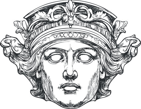 Black and white detailed illustration of an ancient classical statue head with ornamental crown and blank eyes