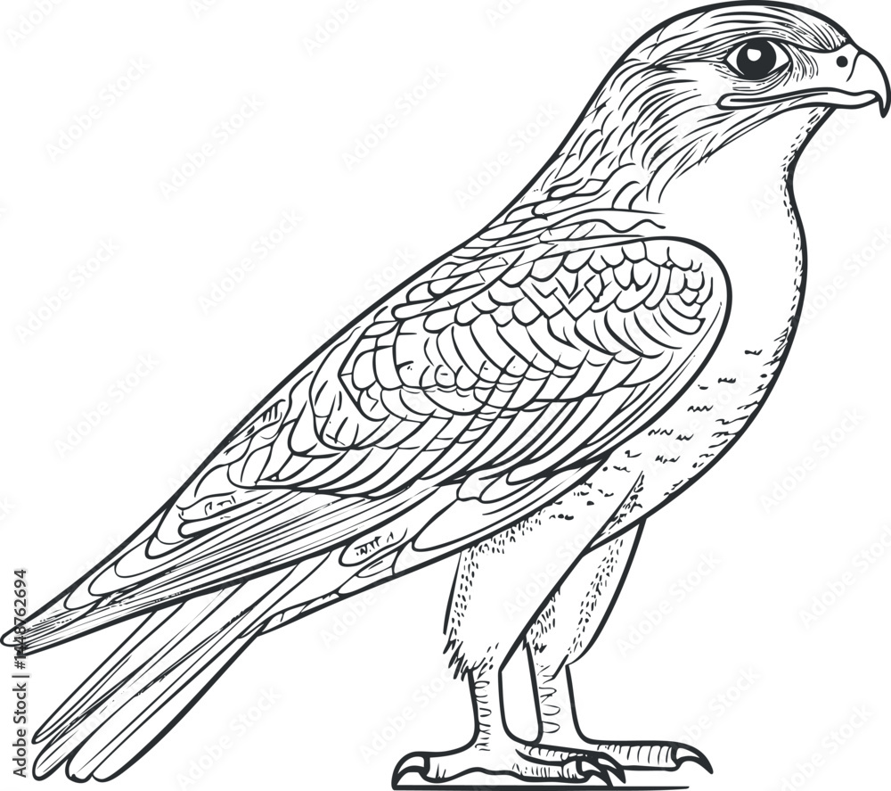Poster detailed black and white line drawing of a falcon bird standing in profile with intricate feather pa