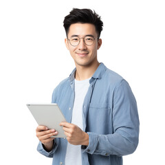 Confident Asian Man Holding Tablet - Professional and Modern Portrait , isolated on white background PNG