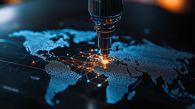 Global technology network connection  A device focusing on a world map, displaying global connections
