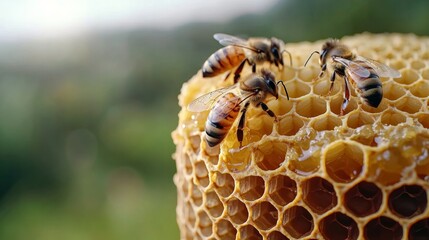 Honeybees on Golden Honeycomb Frame Gathering Sweet Honey in Natural Light