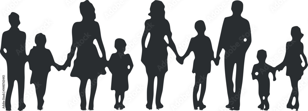 Aufkleber silhouette of multiple families holding hands walking together representing unity and support