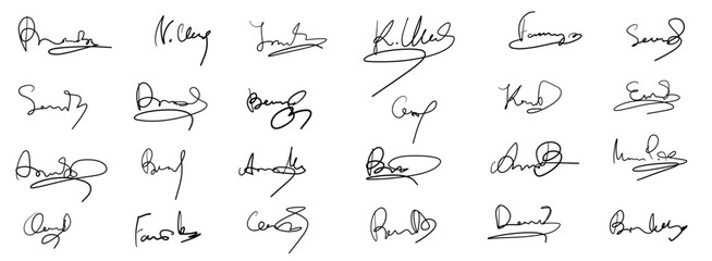 Vector set with fake handwritten personal signatures, sample cursive autographs for dummy documents, certificate mockups