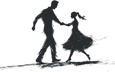 Silhouette of a dancing couple holding hands in graceful motion on a white background