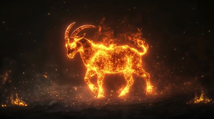 Fiery goat symbol with flames and glowing lights set against a dark moody setting generative ai