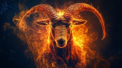 Fiery goat with blazing horns and intense light effects in front of a dark abstract background generative ai