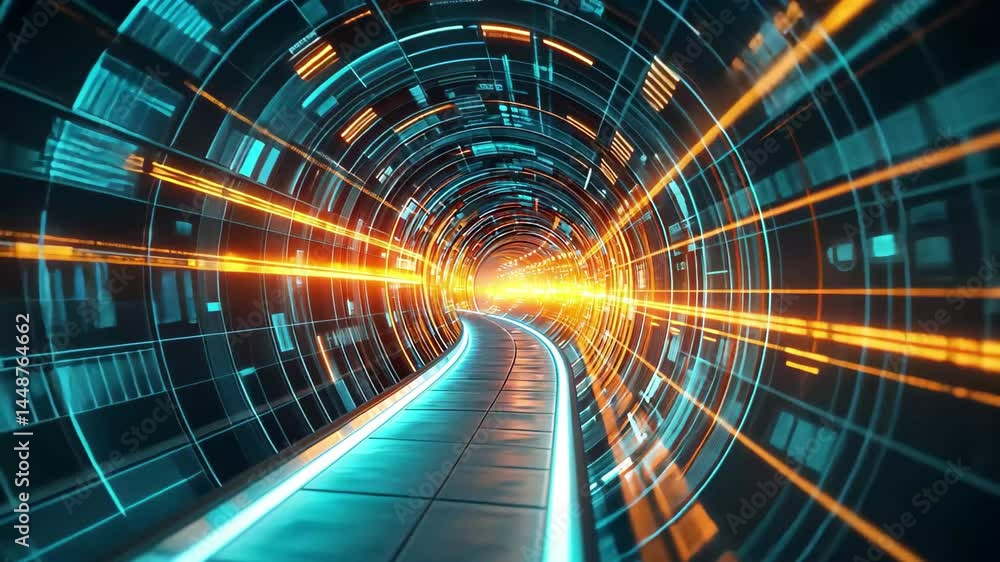 Aufkleber moving through a digital tunnel illuminated by glowing lights and vibrant colors, moving through dig