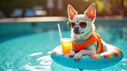 Chihuahua dog wearing sunglasses and life vest floating in an inflatable ring in a pool with a drink. Summer, vacation, pet fun, sun protection for pets