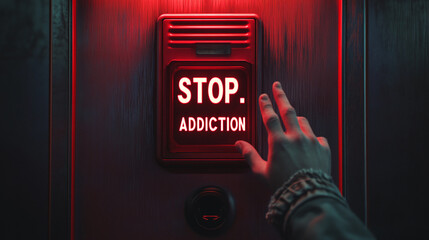 Hand reaching for illuminated red button saying "STOP ADDICTION" on dark door, symbolizing overcoming addiction and recovery