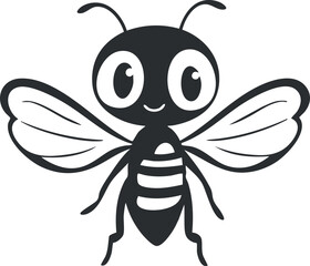 Cartoon illustration of a cute smiling bee with big eyes and simple black and white design