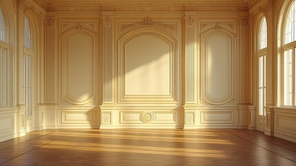 Obraz premium Luxurious sunlit interior, elegant paneled walls, and hardwood floors