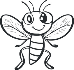 Black and white cartoon illustration of a smiling bee with large eyes and wings
