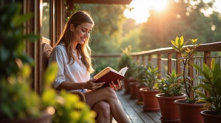 Woman reading book on balcony surrounded by potted plants at golden hour, concept of relaxation and mindful summer leisure