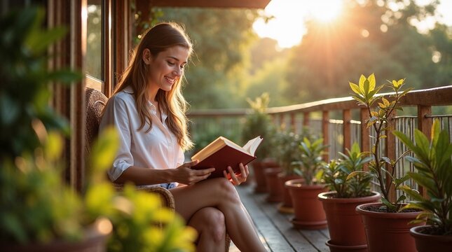 Woman reading book on balcony surrounded by potted plants at golden hour, concept of relaxation and mindful summer leisure