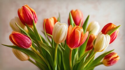 Vibrant tulips in full bloom, showcasing rich reds and whites against a soft background.