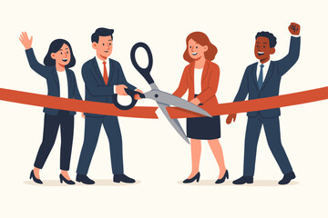 Excited multiethnic business people in suits celebrating a successful company launch, cutting a red ribbon with large scissors during a grand opening ceremony vector illustration.