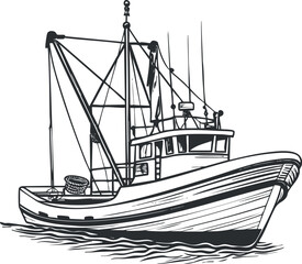 Black and white illustration of a fishing boat on water with detailed rigging and cabin