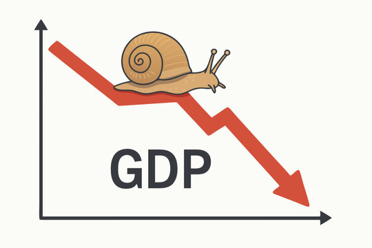 GDP falling slowly vector graphic depicting a snail on a declining red arrow chart, representing economic downturn, sluggish growth, recession metaphor, and financial crisis illustration.