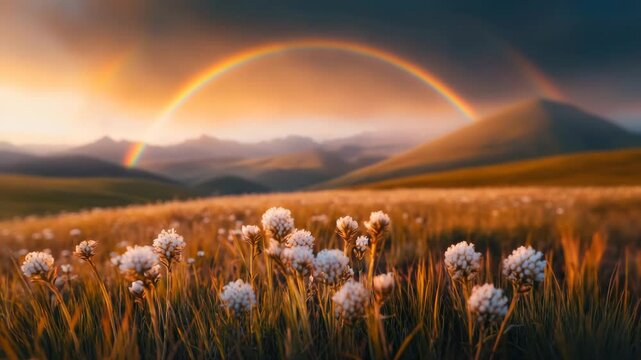 Sunset rainbow over a field of wildflowers in a mountain range.