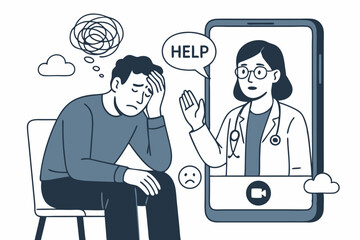 Vector illustration of remote mental healthcare support. Depressed man seeks online psychological help through a video conference with a therapist or doctor using a mobile phone app.