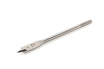 Feather wood drill bit isolated on white background. Spade drill. Carpenter's tools background.