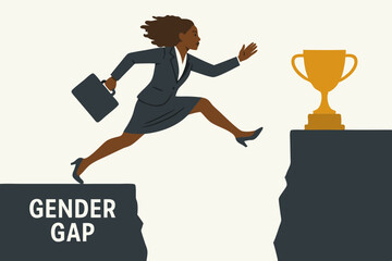 Vector illustration of a determined Black businesswoman leaping across the gender gap divide, overcoming workplace barriers to achieve career success and grab the golden trophy.