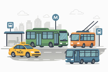 Urban Public Transportation Hub Vector Illustration: City scene featuring bus, trolleybus, taxi cab, metro station sign, and bus stop shelter against a modern skyline background. Flat design.
