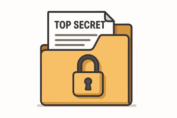 Secure manila folder icon with padlock containing top secret document, representing confidential data protection, privacy, classified information access, and secure file storage vector concept.