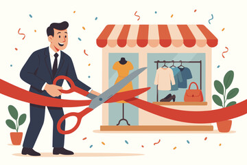 Grand opening ceremony vector flat illustration showing smiling businessman cutting red ribbon in front of new clothing boutique, celebrating store launch and entrepreneurship.