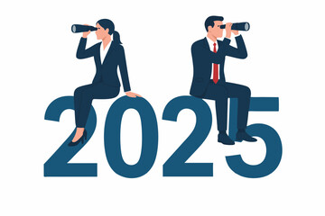 Business executives, man and woman in suits, sitting on 2025 numbers looking through binoculars. Concept for future forecast, vision, trends, strategy, planning, outlook for year 2025.